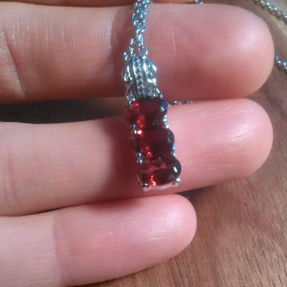 Mozambique Garnet Three Stone Stainless Steel Pendant Necklace - Picture 4 of 12